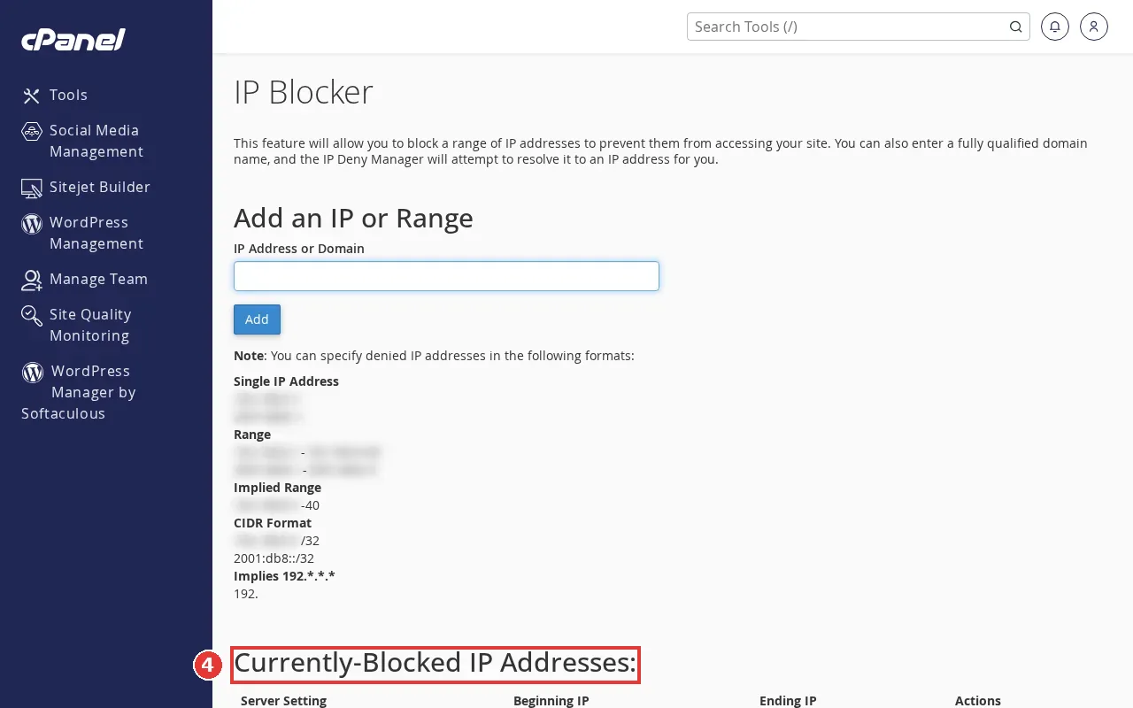 cPanel IP Blocker page with the Currently-Blocked IP Addresses list