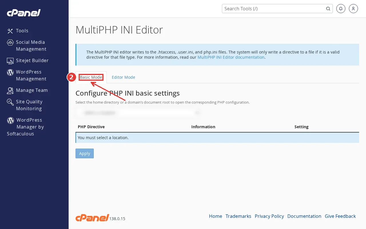 cPanel MultiPHP INI Editor in Basic Mode, where memory_limit is set