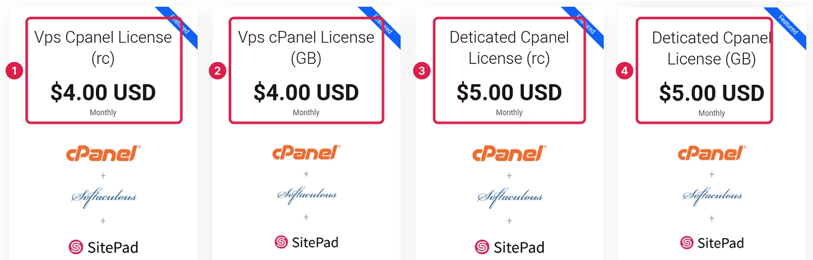 ShoHost licence store cPanel category with VPS RC, VPS GB, Dedicated RC and Dedicated GB cards
