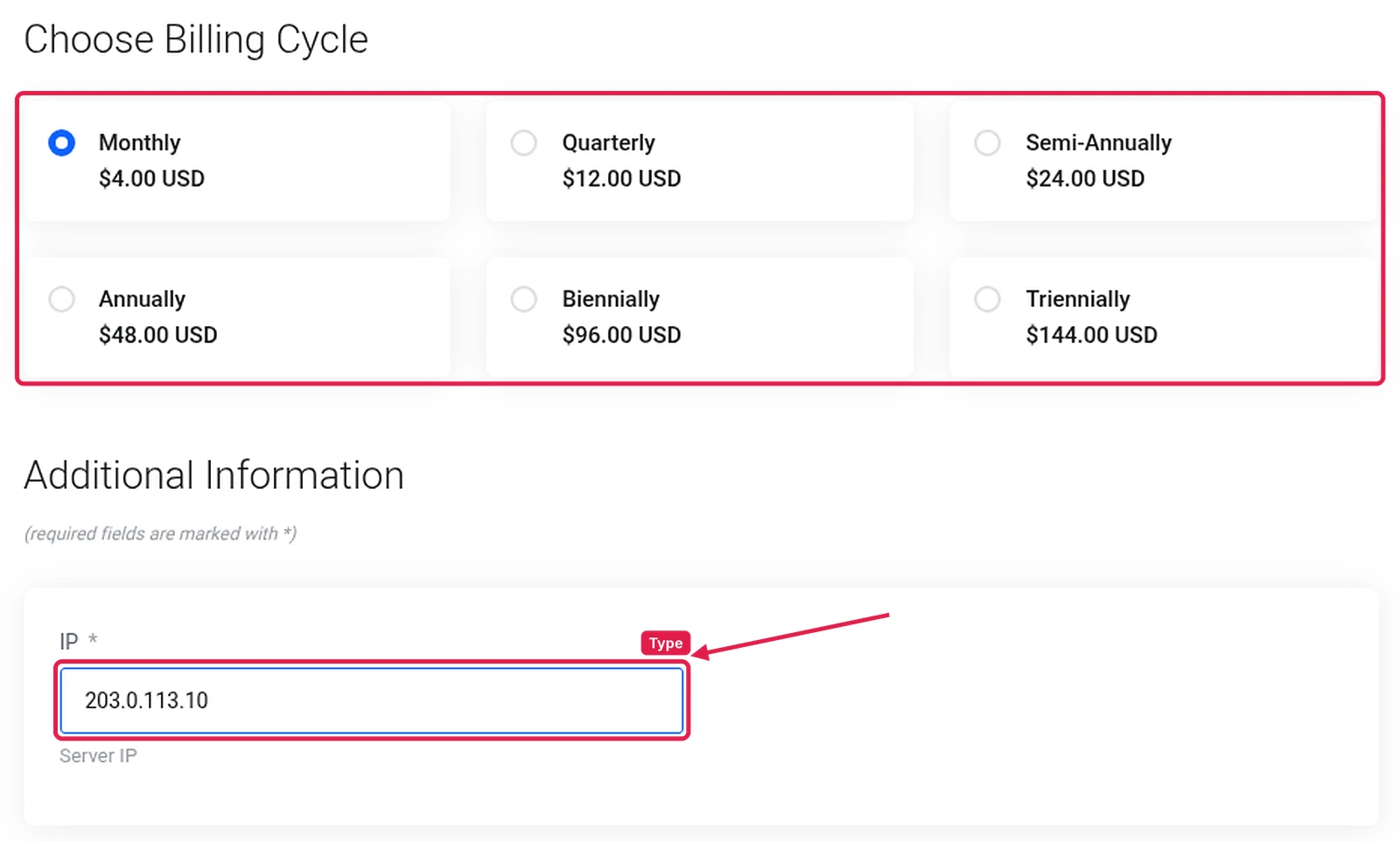 Licence store configure page for VPS RC with the server IP field and billing cycle