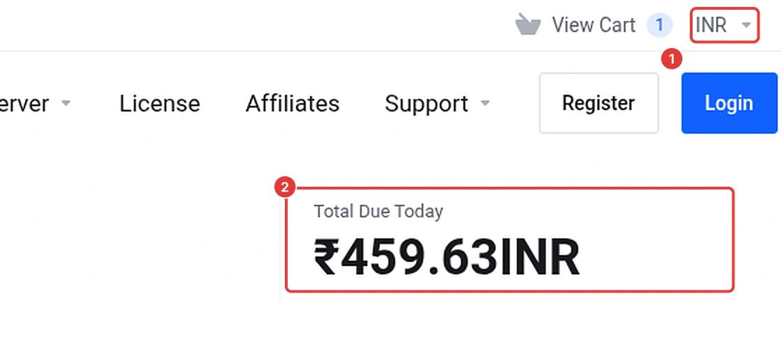 Licence store currency selector set to INR and the Total Due Today box showing ₹459.63