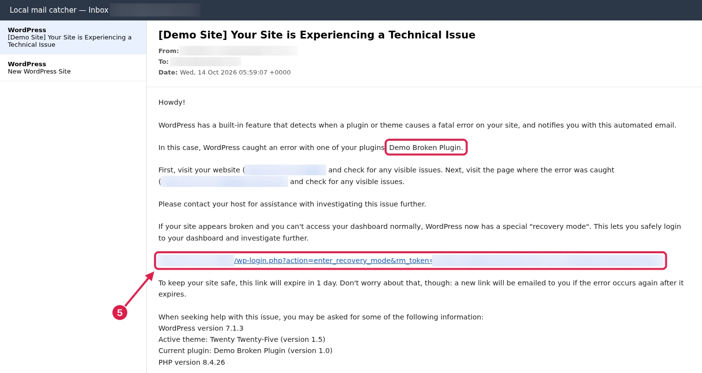 Recovery email titled Your Site is Experiencing a Technical Issue, with the plugin name Demo Broken Plugin boxed and an arrow to the recovery mode login link
