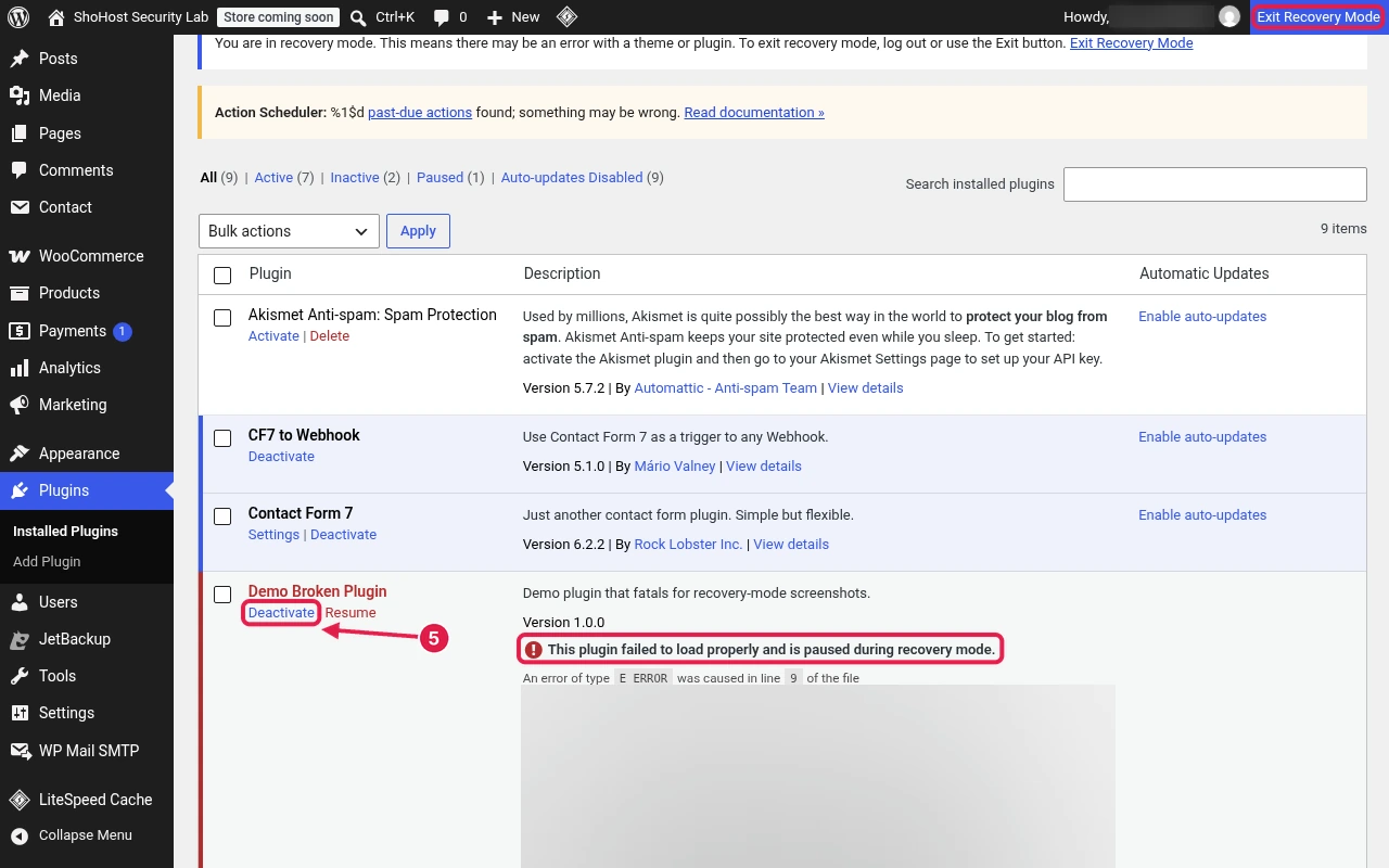 WordPress Plugins screen in recovery mode with the demo-broken-plugin row boxed and its Deactivate link marked