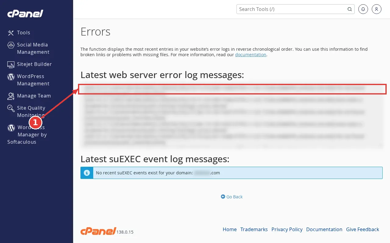 cPanel Errors page with an arrow to the newest entry under Latest web server error log messages