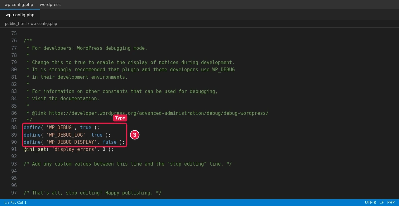 wp-config.php open in a code editor with WP_DEBUG, WP_DEBUG_LOG, WP_DEBUG_DISPLAY and the display_errors line on lines 88 to 91