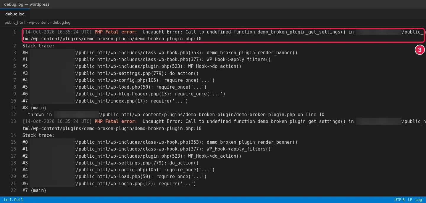 debug.log open in a code editor with a PHP Fatal error for demo_broken_plugin_get_settings() in demo-broken-plugin.php line 10 and its stack trace