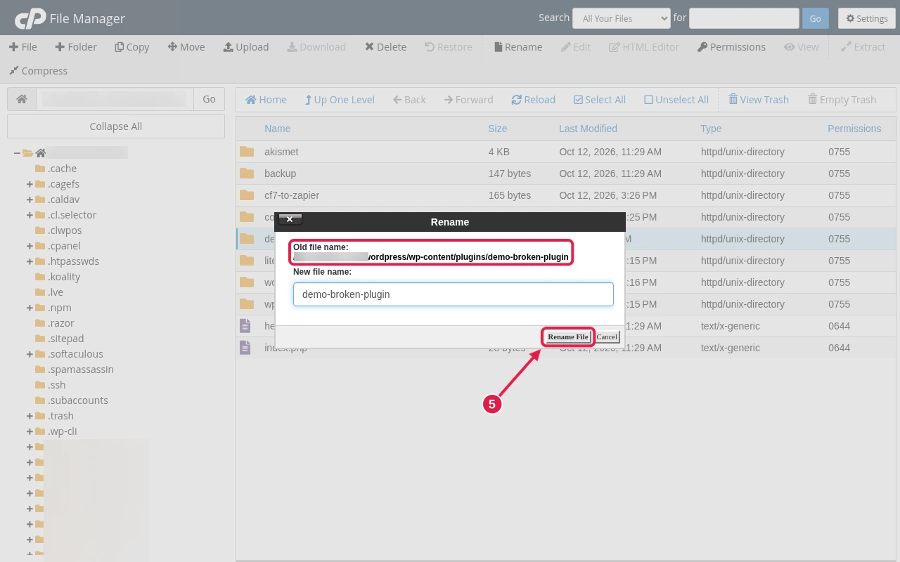 cPanel File Manager Rename dialog showing the demo-broken-plugin folder name, with an arrow on Rename File