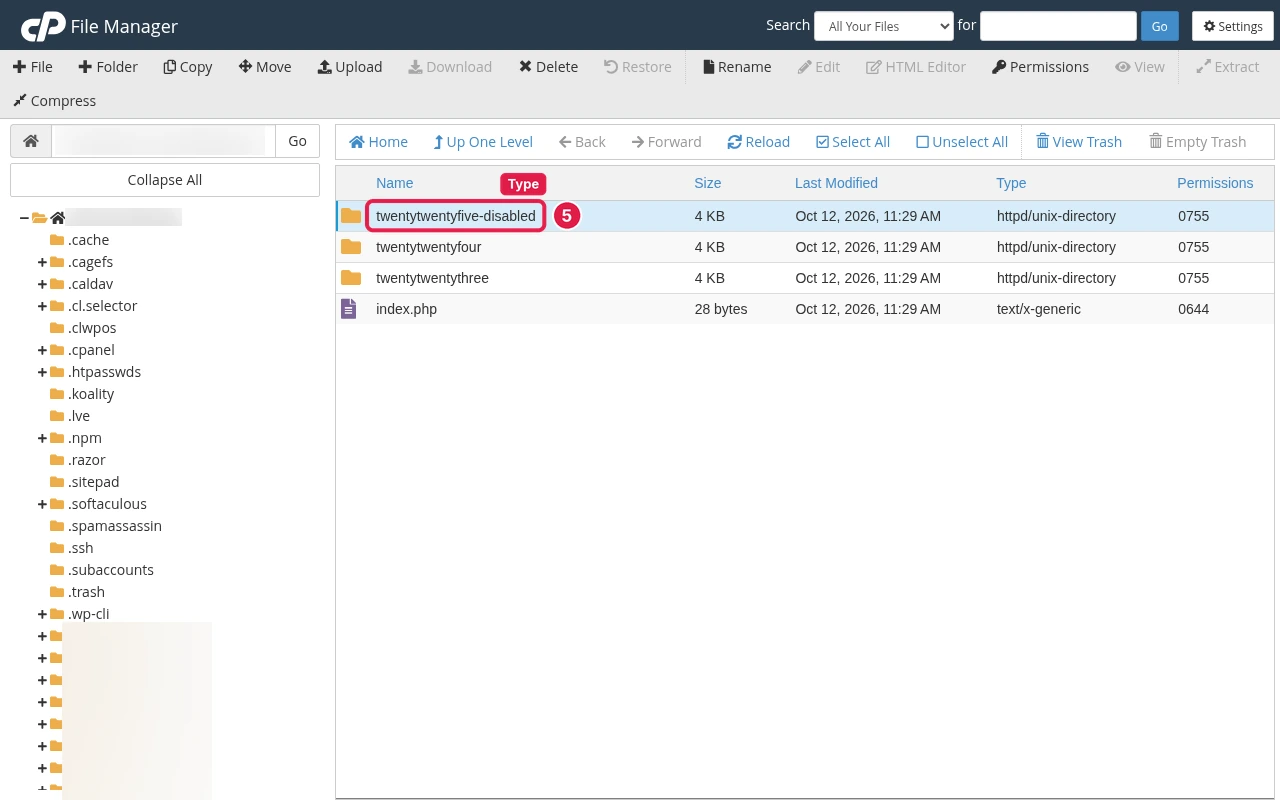 cPanel File Manager themes folder with the twentytwentyfive folder renamed to twentytwentyfive-disabled and boxed
