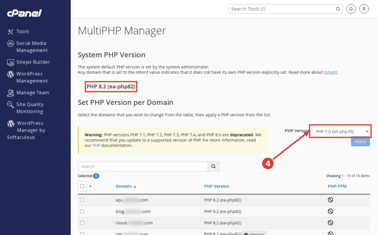 cPanel MultiPHP Manager showing the system PHP version and an arrow to the PHP Version drop-down next to Apply