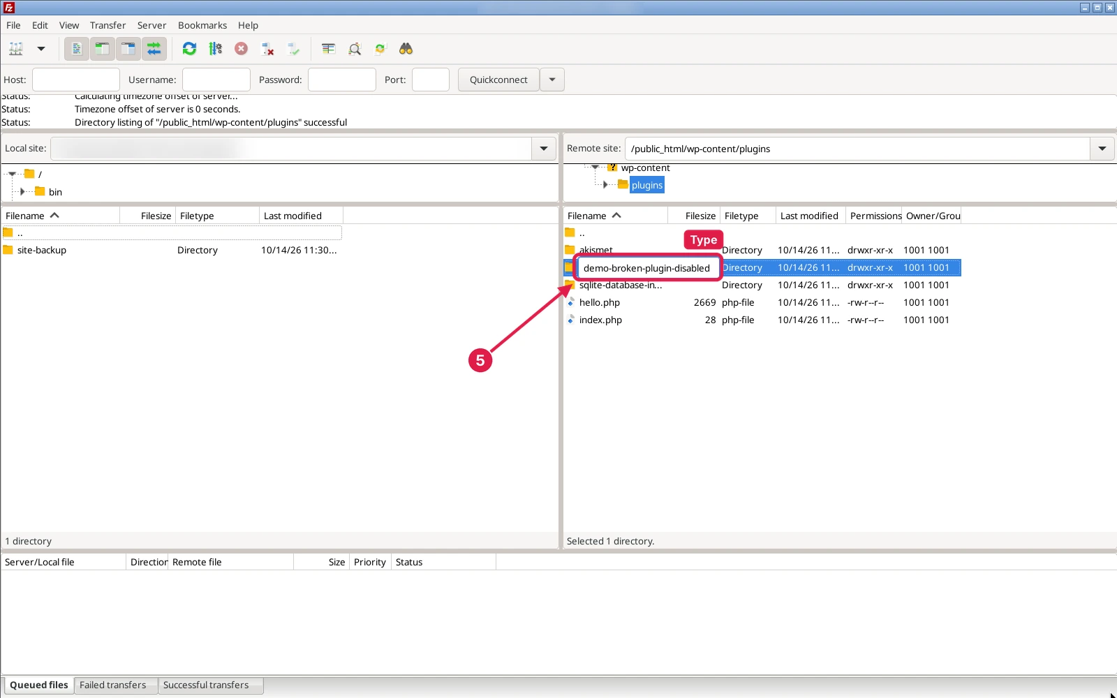 FileZilla remote pane in wp-content/plugins with a plugin folder being renamed to demo-broken-plugin-disabled