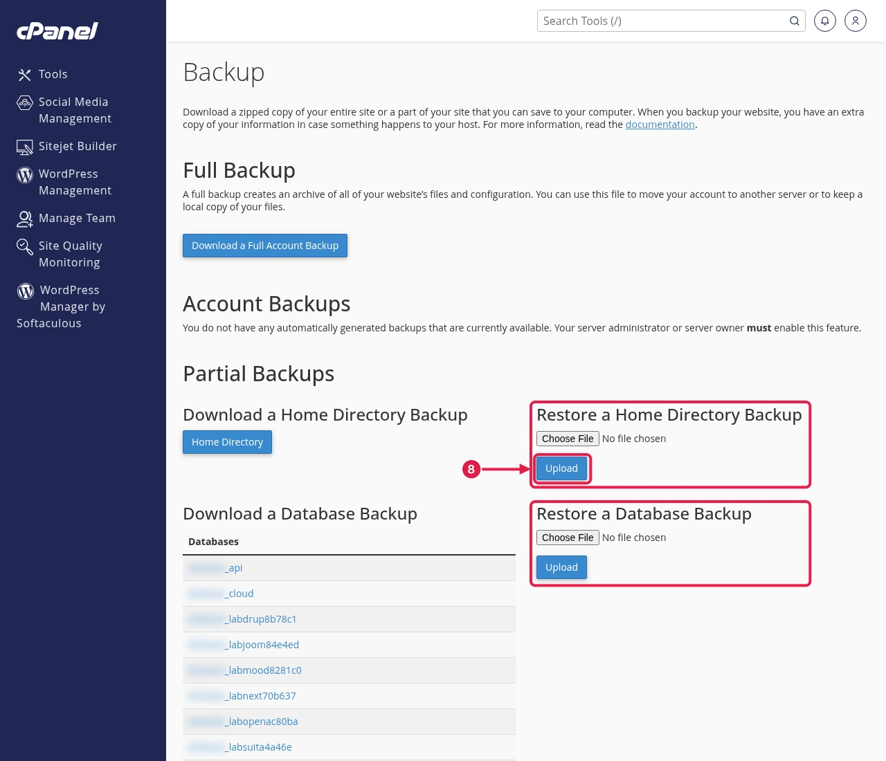 cPanel Backup page with the Restore a Home Directory Backup and Restore a Database Backup sections boxed and an arrow to Upload