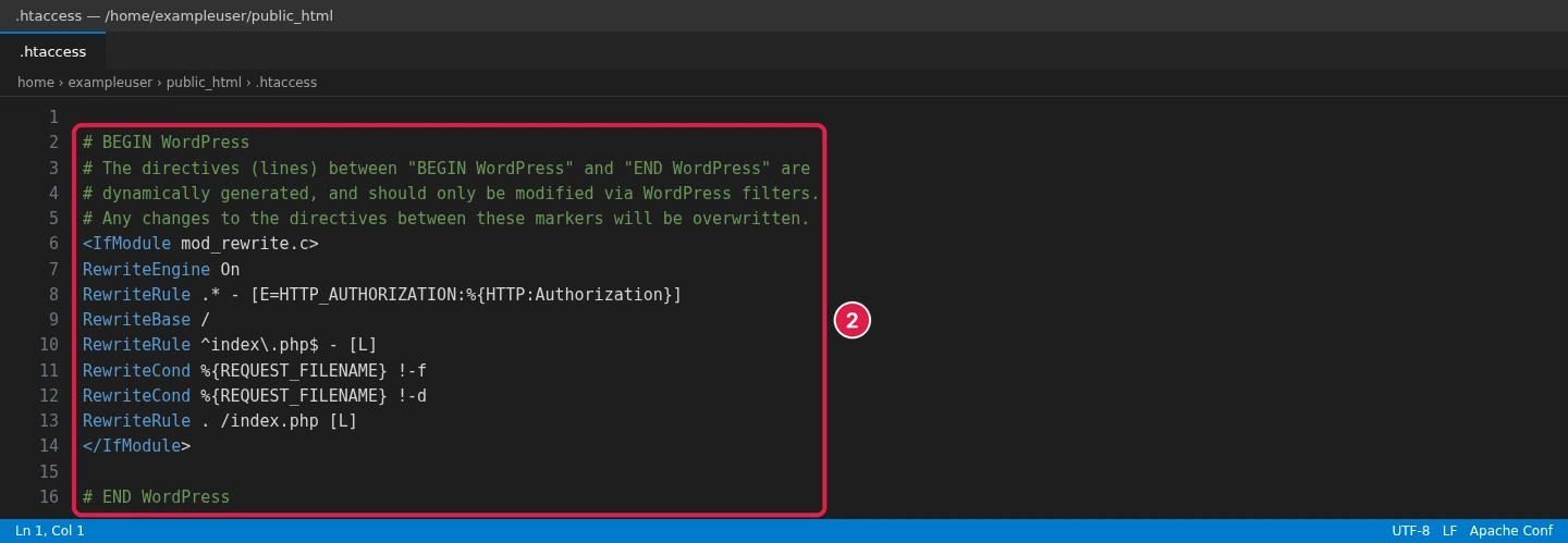 Default WordPress .htaccess for /home/exampleuser/public_html open in a code editor with the BEGIN WordPress to END WordPress block boxed