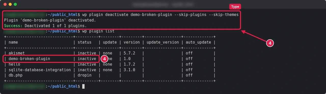 Terminal running cd ~/public_html, wp plugin list and wp plugin deactivate demo-broken-plugin, with a plugin table listing demo-broken-plugin as active