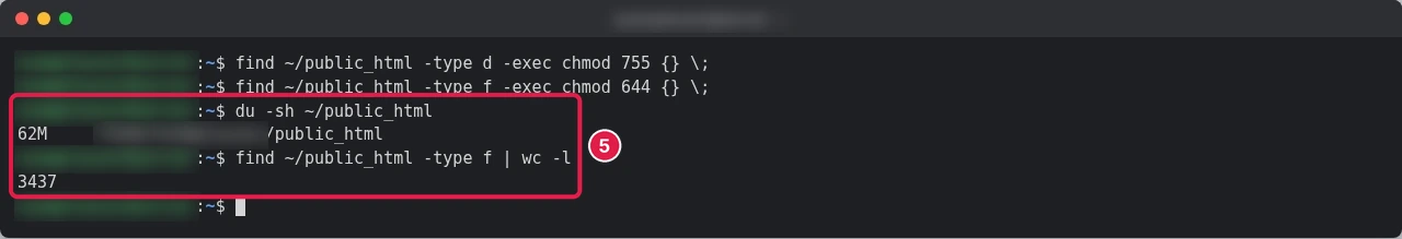 Terminal running find chmod 755 on folders and 644 on files, then du -sh ~/public_html printing 62M and find | wc -l printing 3437