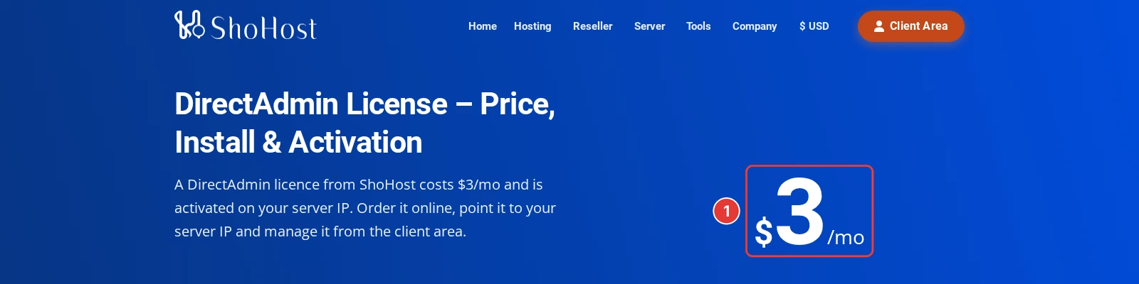 ShoHost DirectAdmin licence page hero showing the $3 per month price