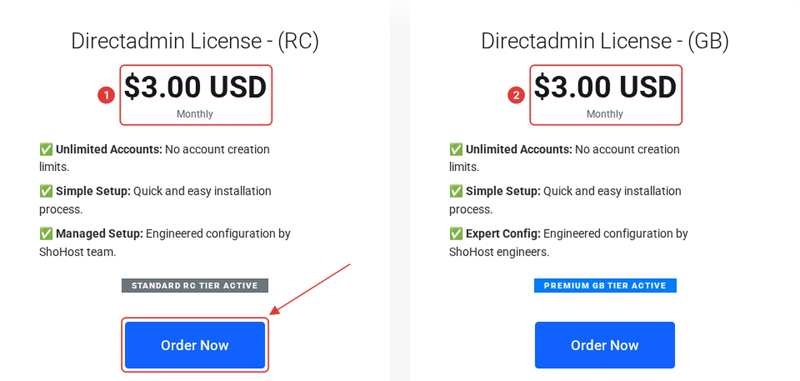 ShoHost licence store DirectAdmin category with the RC and GB cards at $3 per month