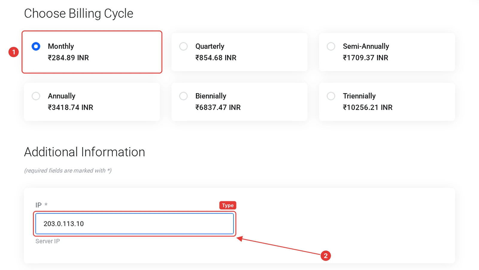 DirectAdmin licence configure page with billing cycles in rupees and the server IP field filled in