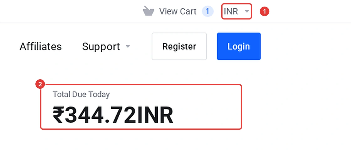 Licence store currency selector set to INR and the Total Due Today box showing ₹344.72