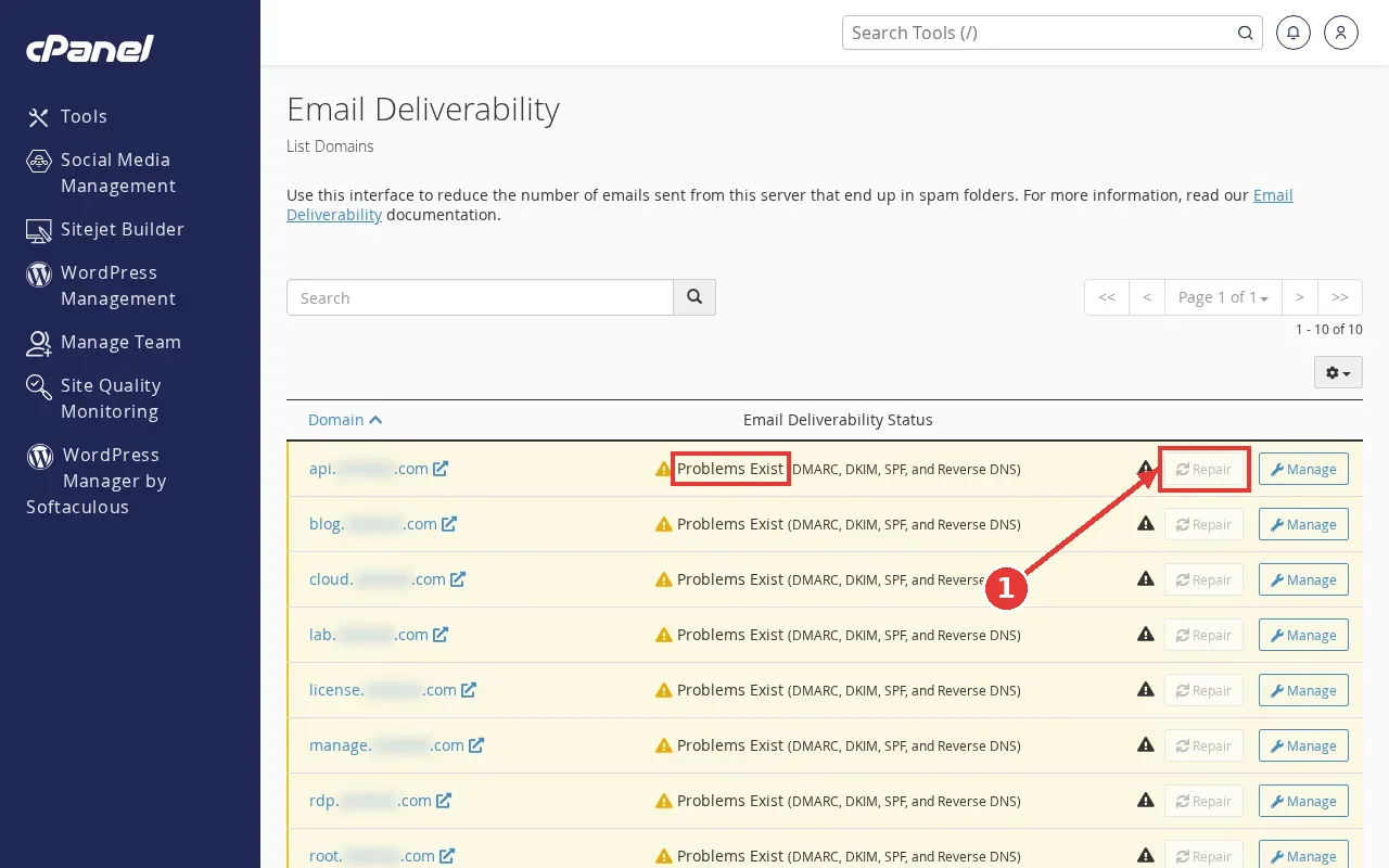 cPanel Email Deliverability domain list with a Problems Exist status and an arrow to the Repair button