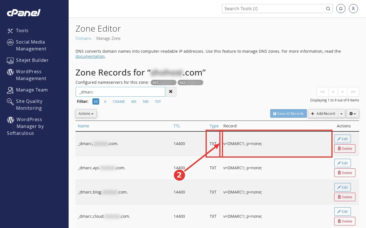 cPanel Zone Editor filtered to _dmarc, with the TXT record value v=DMARC1; p=none; boxed