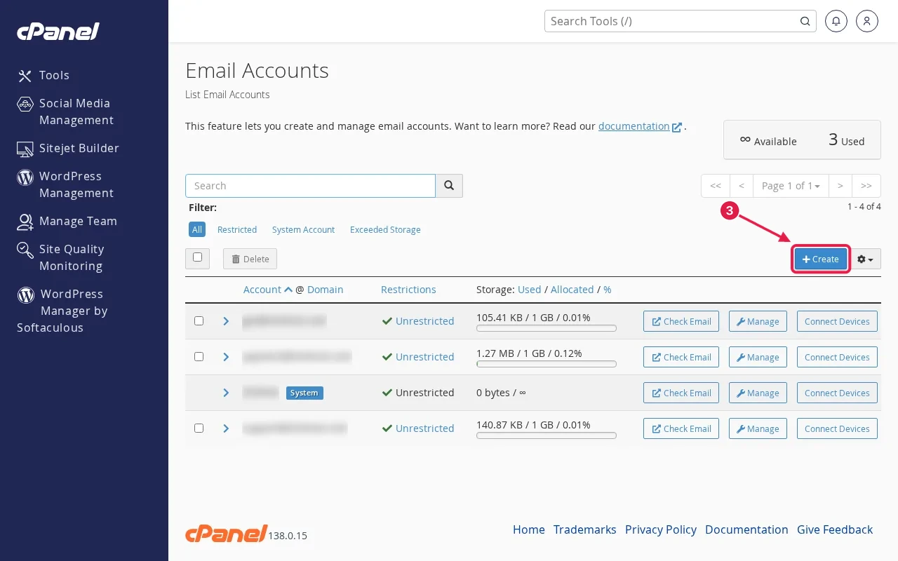 cPanel Email Accounts page with a list of mailboxes and the Create button