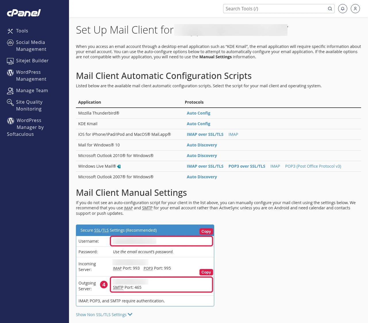 cPanel Connect Devices page showing the outgoing mail server, SMTP port 465 and username, with Copy markers