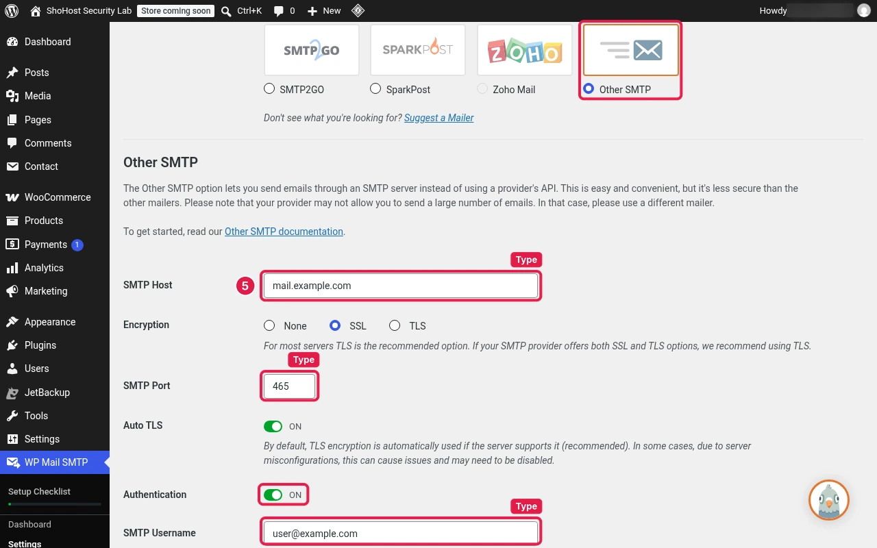WP Mail SMTP Other SMTP settings with the Host, Port and Username fields and the Authentication toggle boxed