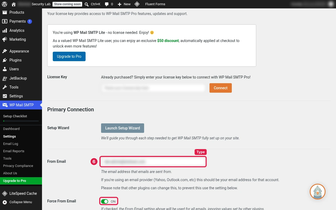 WP Mail SMTP settings with the From Email field and the Force From Email toggle switched on