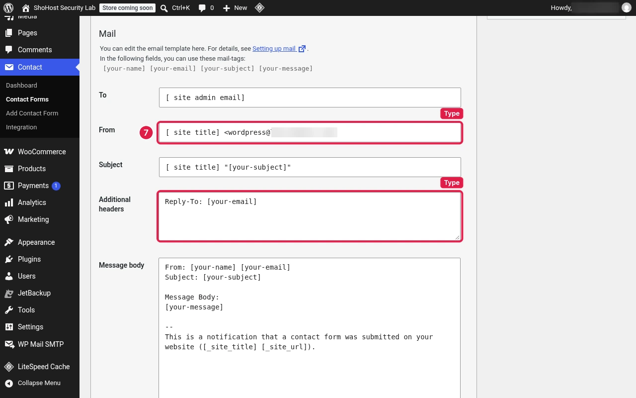Contact Form 7 Mail tab with the From field set to the site title and a wordpress@ address, and Reply-To: [your-email] in Additional headers, both boxed