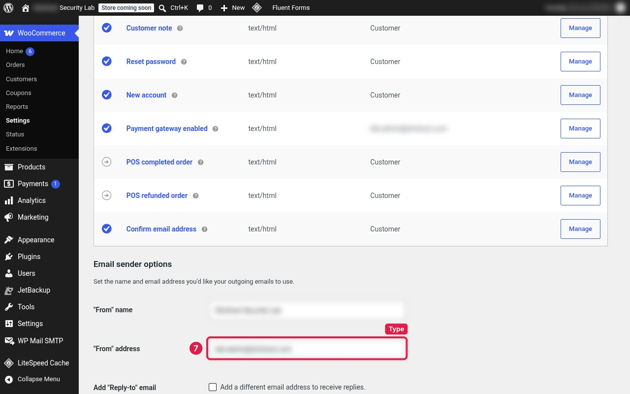 WooCommerce email settings with the Email sender options section showing the From name and From address fields