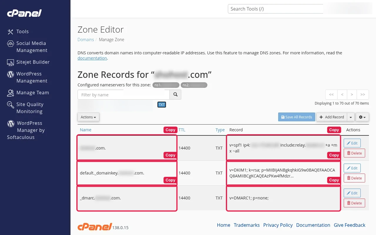 cPanel Zone Editor list of TXT records for SPF, default._domainkey and _dmarc, with the record names and values boxed and Copy tags