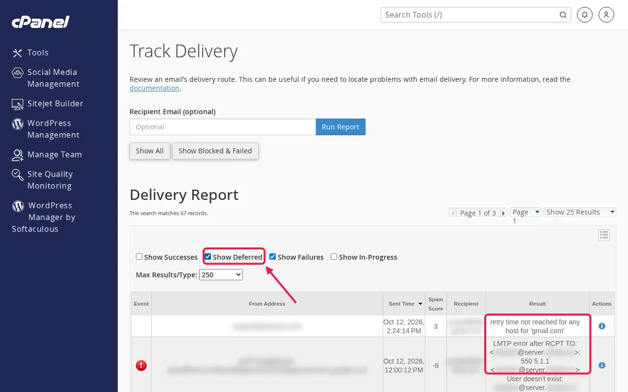 cPanel Track Delivery report with Show Deferred ticked and a list of messages showing send time, spam score and result