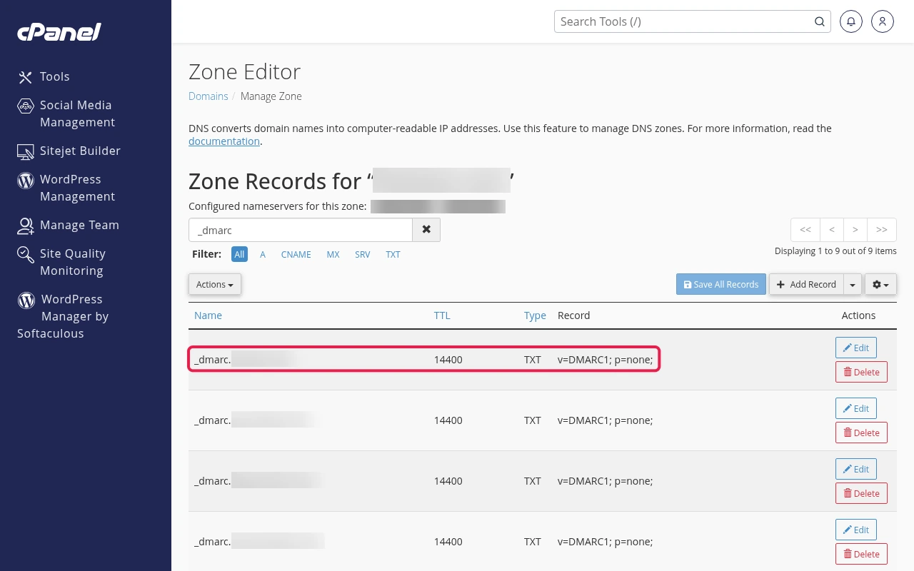 cPanel Zone Editor showing the _dmarc TXT record with a p=none policy value