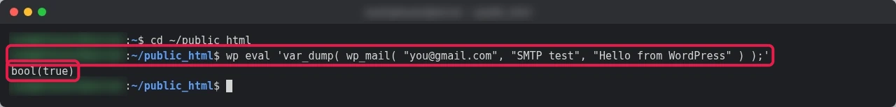 Terminal running wp eval with var_dump of wp_mail to you@gmail.com and printing bool(true)