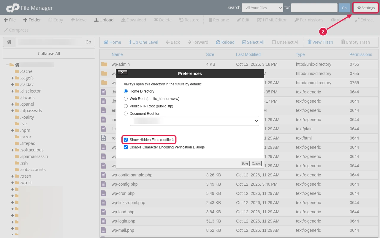 cPanel File Manager open at public_html with hidden dot folders such as .cache and .cpanel visible in the folder tree