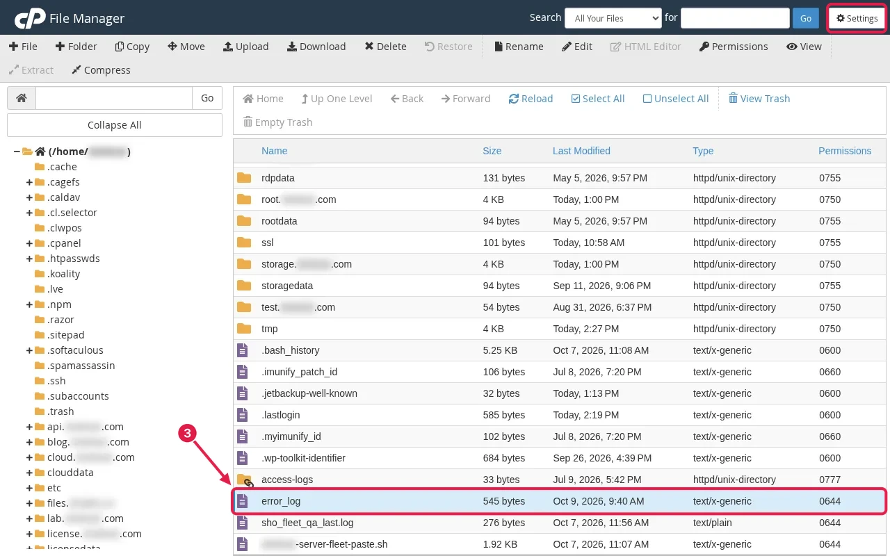 cPanel File Manager file list with the error_log file highlighted and an arrow pointing to it