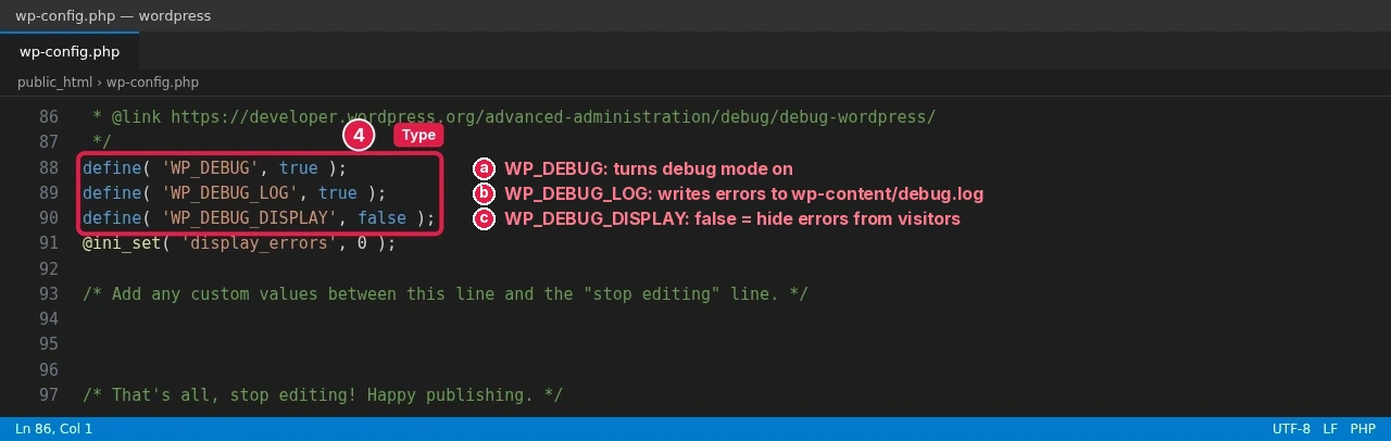 wp-config.php in a code editor with define lines for WP_DEBUG, WP_DEBUG_LOG and WP_DEBUG_DISPLAY plus @ini_set display_errors 0 on lines 88 to 91