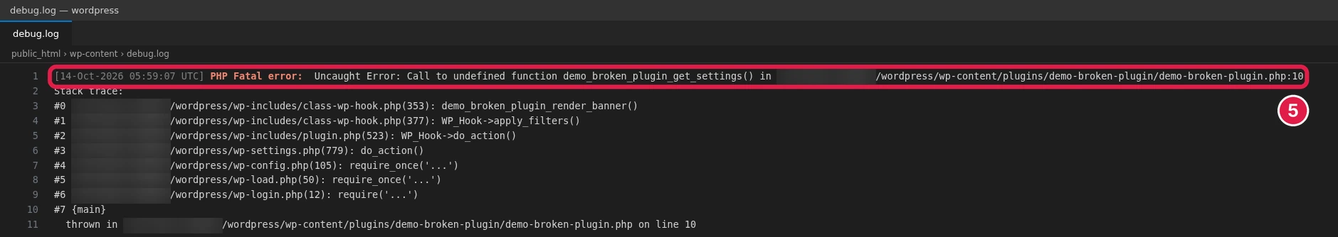 debug.log open in a code editor with a PHP Fatal error line, its stack trace and the plugin file path boxed