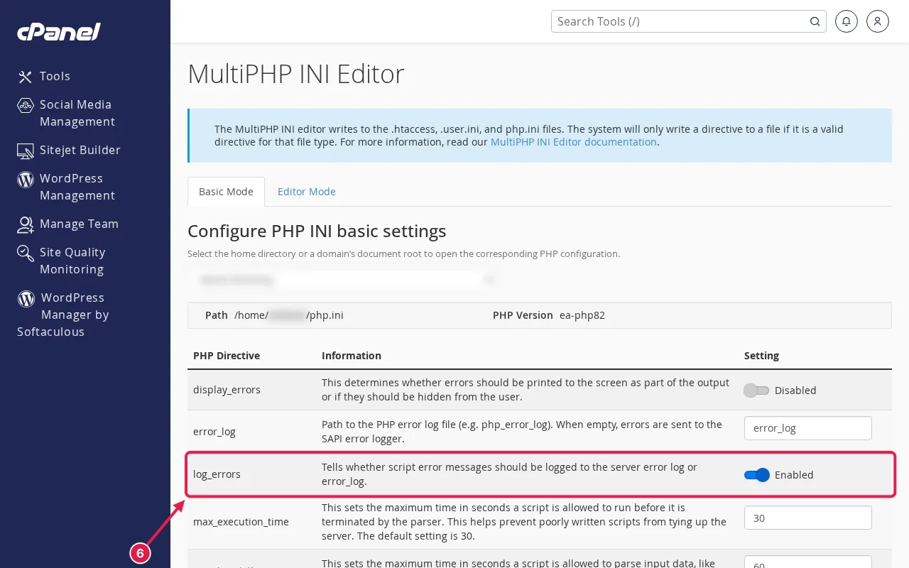 cPanel MultiPHP INI Editor Basic Mode with the log_errors setting boxed and switched to Enabled