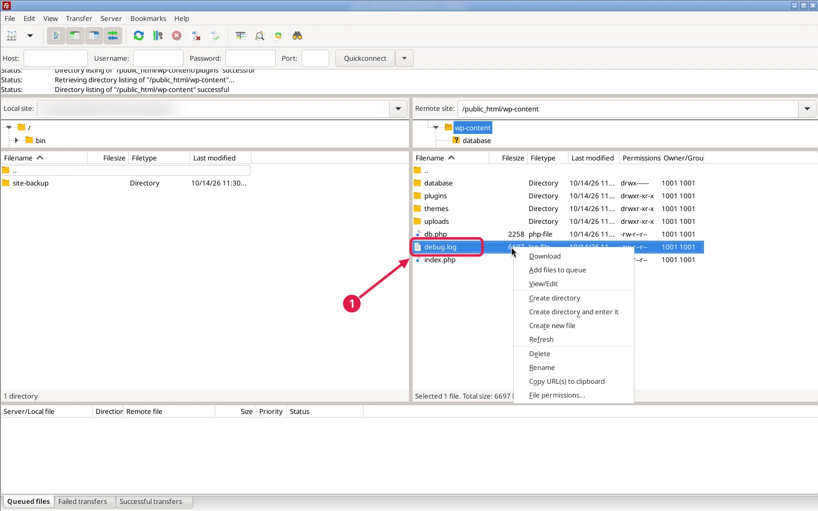FileZilla with the remote wp-content folder open and the right-click menu on debug.log showing Download