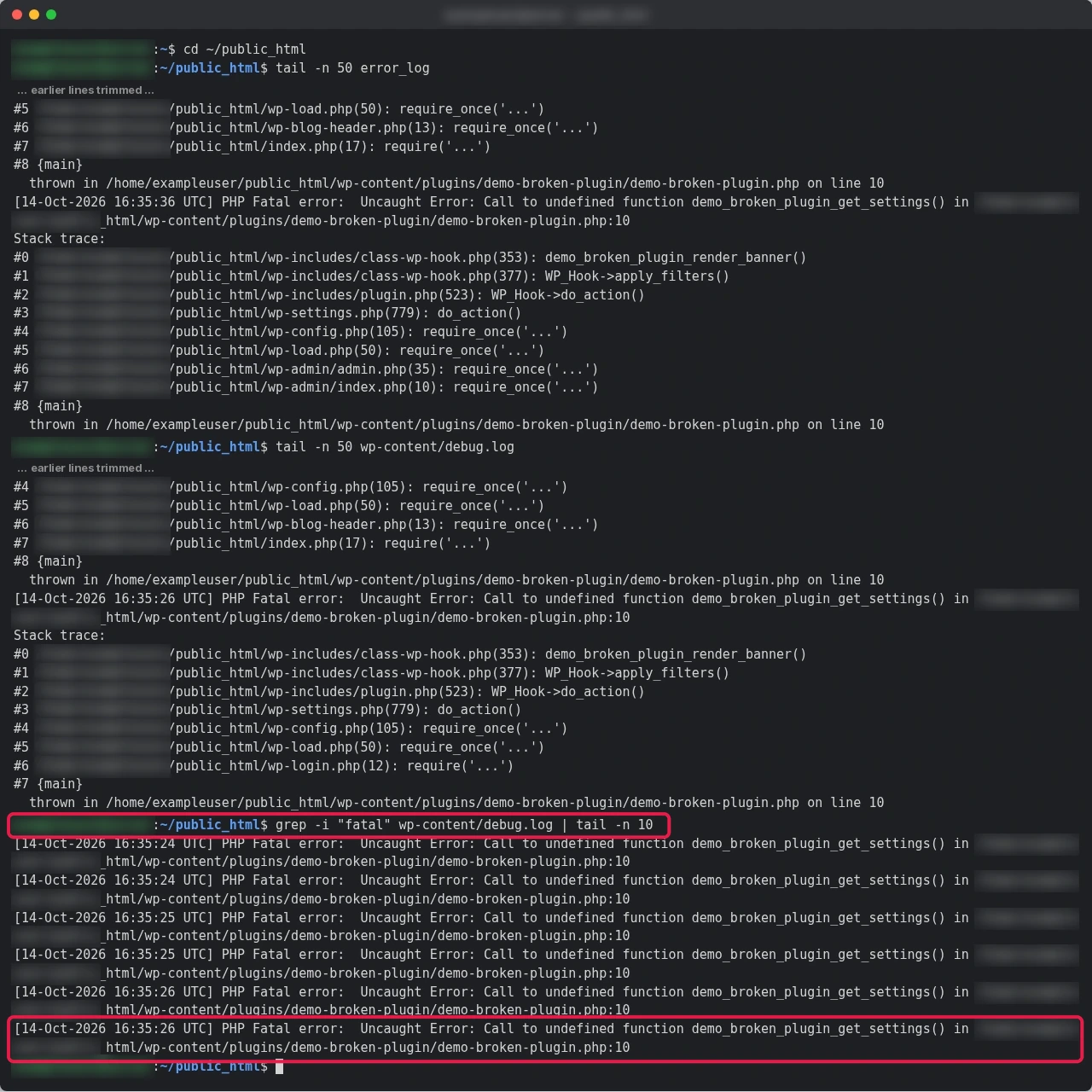 Terminal showing tail -n 50 of error_log and wp-content/debug.log, then grep -i fatal listing PHP Fatal error lines for demo_broken_plugin_get_settings()