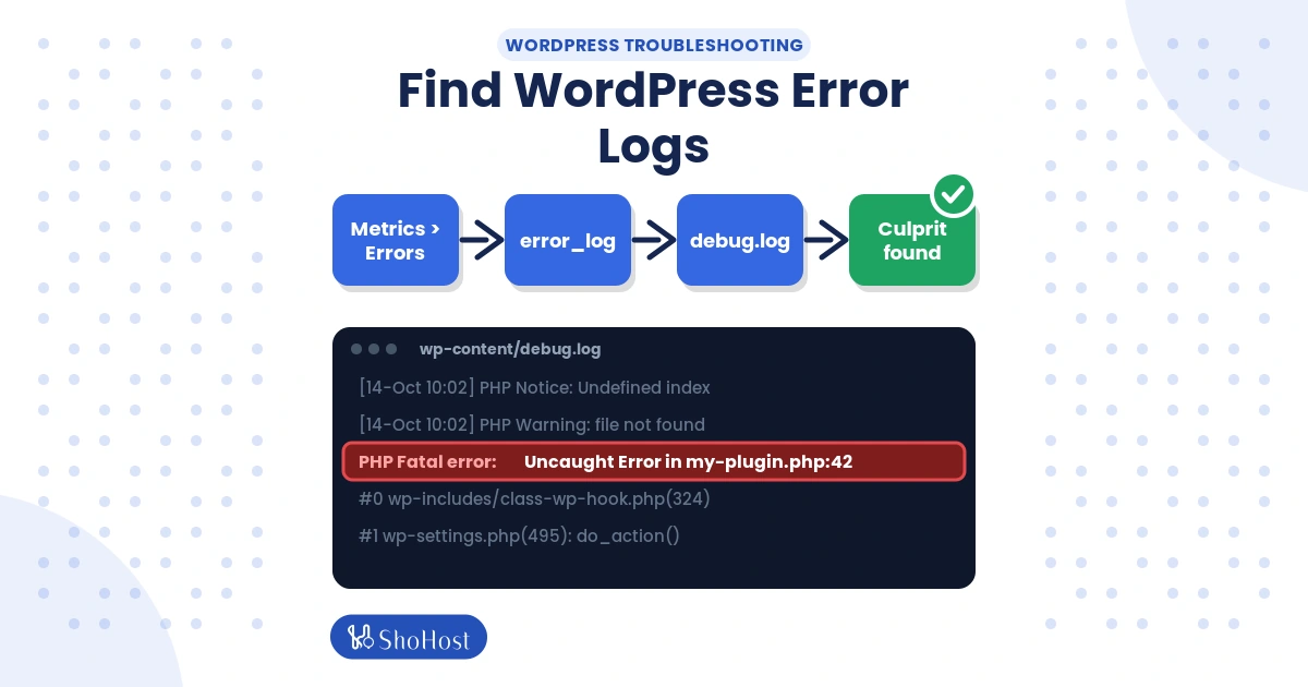 Flow diagram showing cPanel Errors, error_log and debug.log leading to the plugin file that caused the error