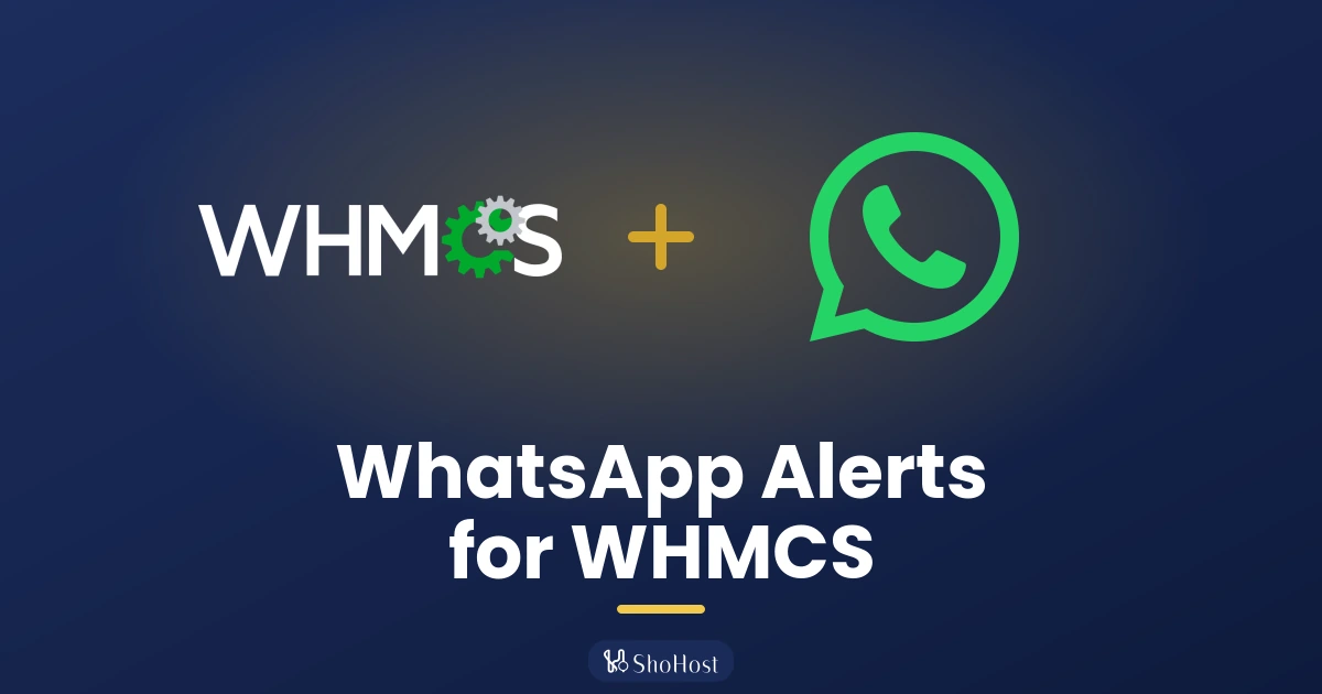 Official WHMCS and WhatsApp logos above the headline WhatsApp Alerts for WHMCS
