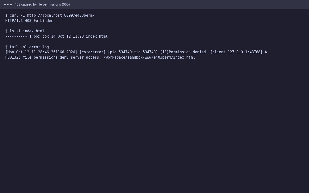 ls -l shows file permissions 000 and error_log shows AH00132 file permissions deny server access