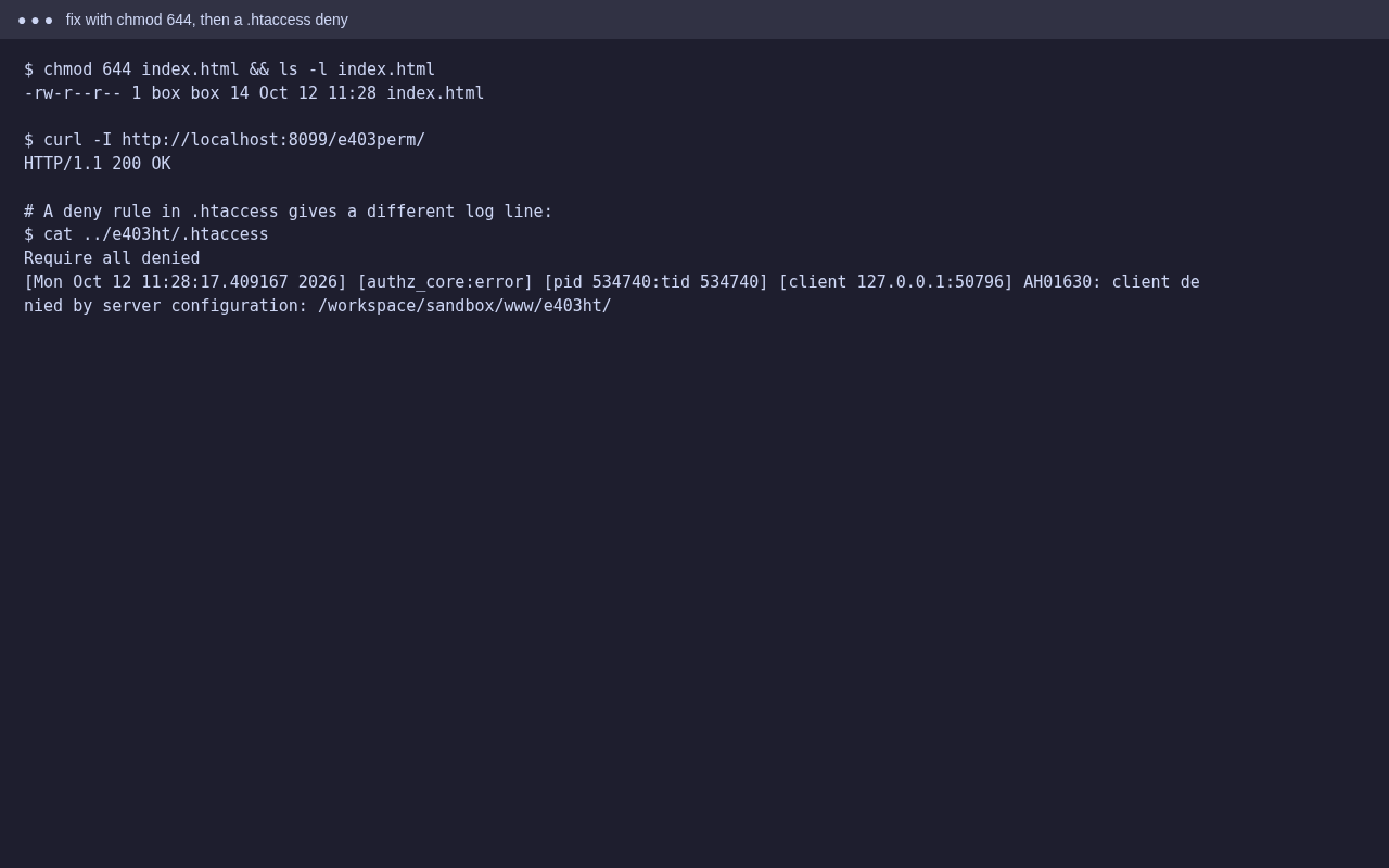 chmod 644 fixes the 403, and a Require all denied rule in .htaccess gives AH01630