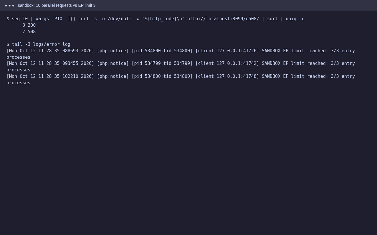 Terminal showing 10 parallel requests: 3 returned 200 and 7 returned 508
