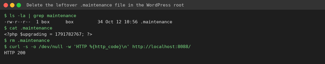 Terminal showing the .maintenance file contents and deleting it