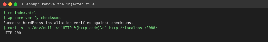 Removing the defacement file and verifying the site returns HTTP 200