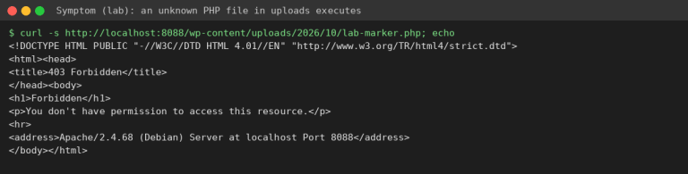 A PHP file inside wp-content/uploads executing and printing a lab marker