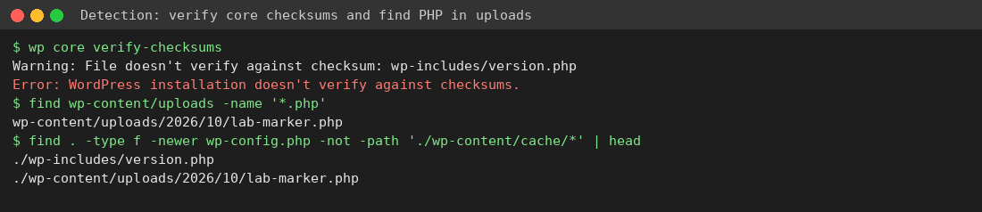 verify-checksums flags modified version.php and find shows PHP in uploads